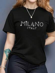 "Camiseta estampada de manga corta y cuello redondo de algodón negro de 180 g de moda para mujer - Camiseta con estampado brillante Milano Italy, top de moda informal, jersey suave y cómodo, perfecto para el uso diario, atuendo ligero de verano, ropa elegante para mujer, regalo ideal para los amantes de la moda" - Negro - Ver 1