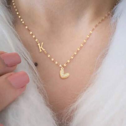 1pc Simple Fashion Initial Heart Pendant Golden Stainless Steel Lip Chain Necklace For Women