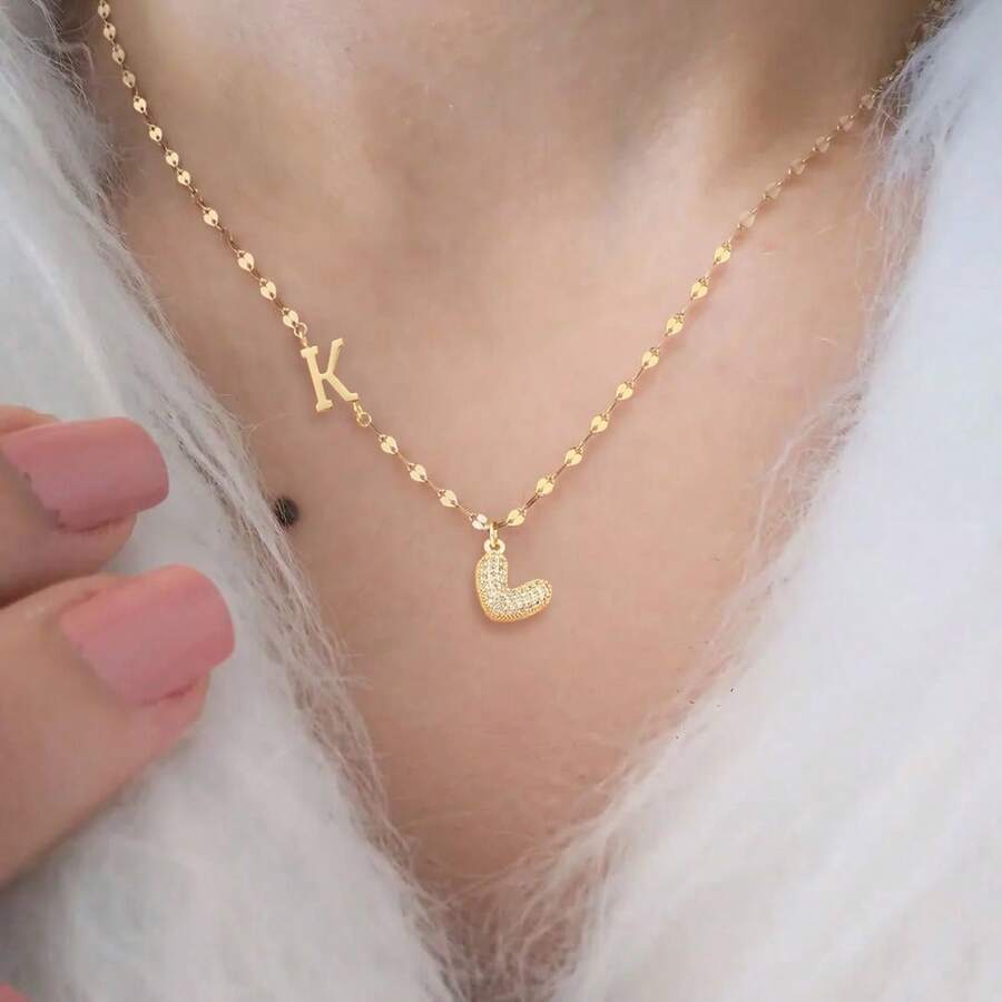 1件简约时尚字母心形吊坠金色不锈钢唇链项链，女士款 - 金黃色 - 查看 1