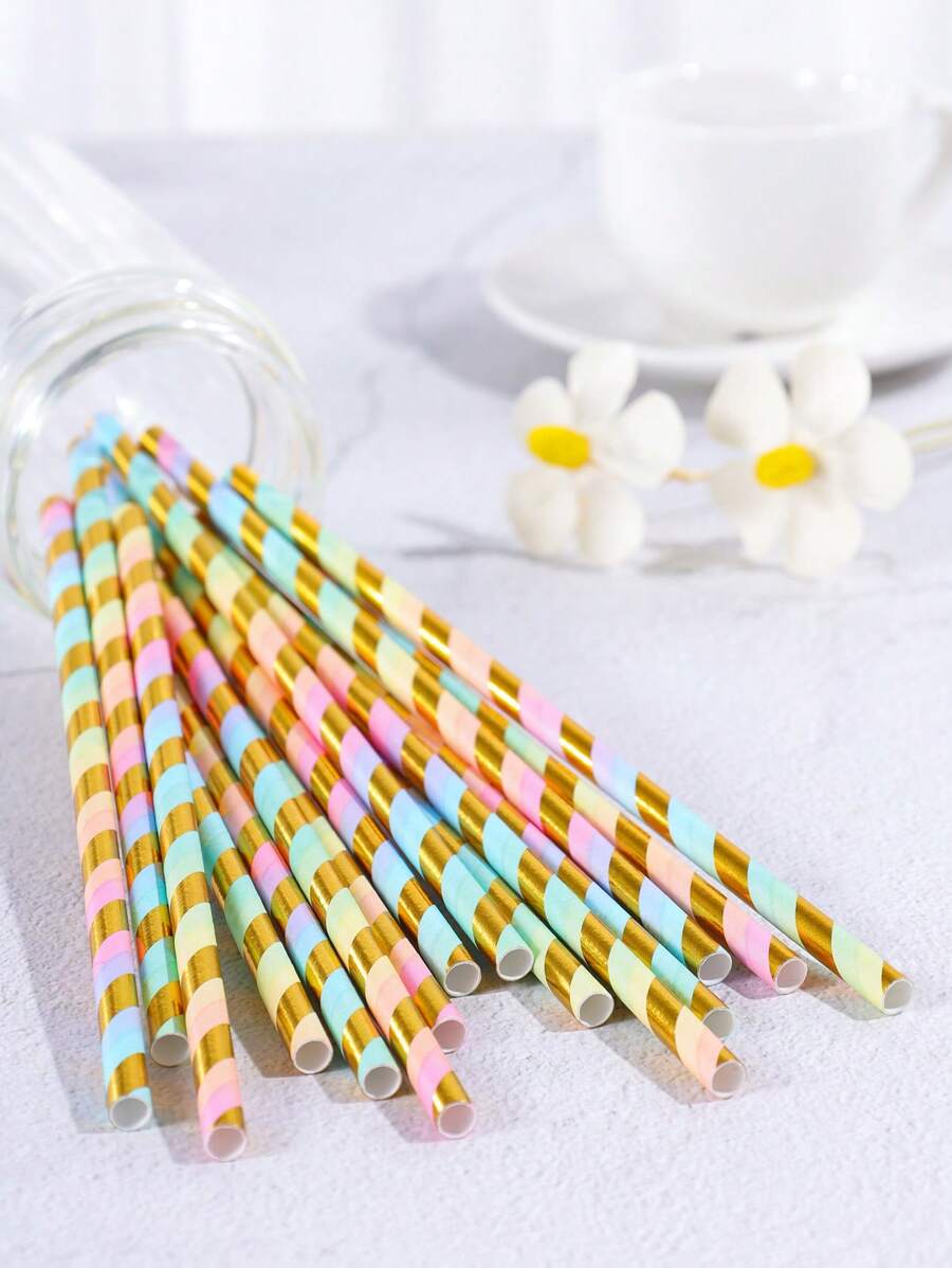 Assorted Gold Stripe Pattern Straws, Suitable For Holiday Gifts
