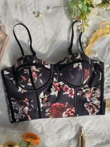 1pc Elegant Sexy French Sheer Floral Fishbone Pattern Fitted Bustier Cami With Padding, Summer
