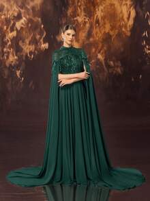 DELLA COUTURE This Flowing Long Evening Dress Features Deep Green Fringe And Floor-Length Sleeves. This Elegant Formal Ladies' Gown Is Perfect For Parties, Galas, And Other Formal Occasions. - Green - View 4