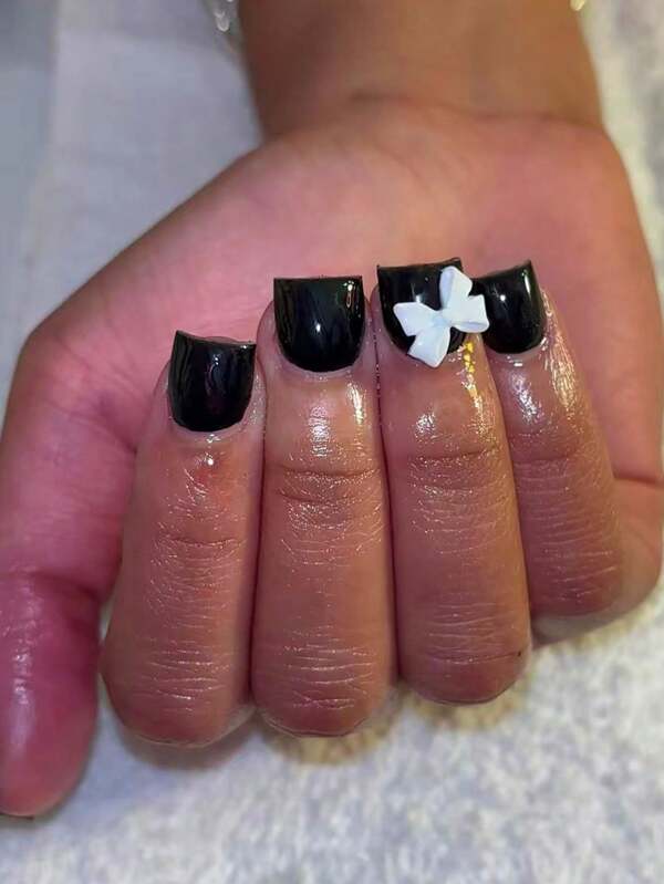 24 uñas postizas cuadradas negras con moños blancos, minimalistas y de moda, adecuadas para uso diario, negocios, citas, fiestas, y atuendos de cumpleaños