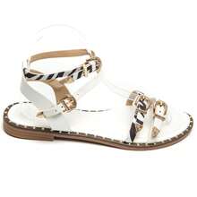 Westlicher Stil flache Sandalen mit halbmondförmigen Riemen und dekorativen Schnallen - Weiss - Übersicht 2