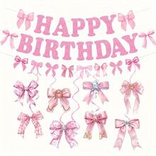 10pcs/Set Bow Theme Decoration Set - Pink Birthday Pull Flag Banner + Bow Spiral Hanging Decor, Suitable For Birthday Party, Theme Party, Anniversary, Engagement, Home Bedroom Decoration