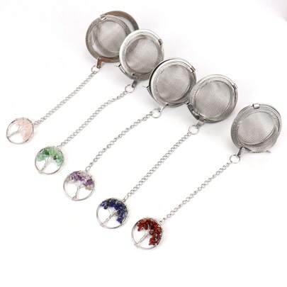 1 Piece Of 304 Stainless Steel Tea Strainer In The Shape Of A Tree Of Life. It Is A 304 Stainless Steel Tea Strainer Adorned With Purple Crystals, Rose Quartz Crystals, And Colorful Crystals. Back To School