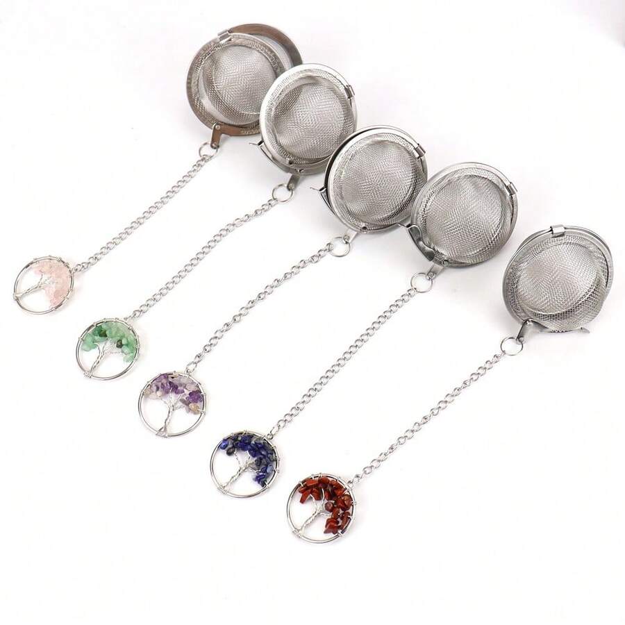 1pc 304 Stainless Steel Life Tree Shaped Tea Infuser, Decorated With Purple Crystal, Rose Quartz Crystal And Colorful Crystals - Multicolor - View 1