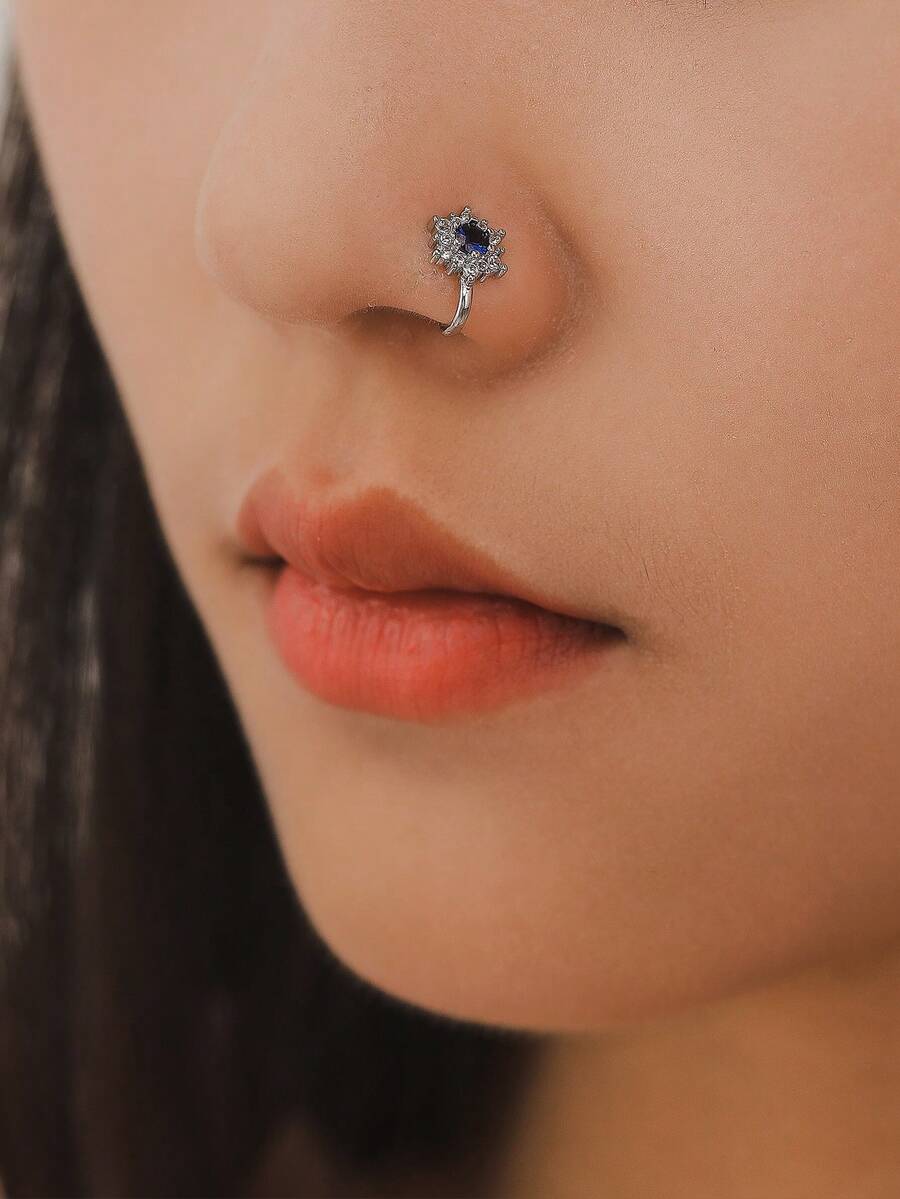 Nooxian 1pc Women's Micro-Inlaid Flower Nose Ring, Popular Personalized Flower Piercing Nose Stud And Nose Clip Valentines - Silver - View 1