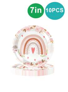 10pcs Pink Bohemian Rainbow Birthday Plate And Napkin Party Cutlery Set, Includes 7 In/9in Paper Plate, 9OZ Paper Cup, For Birthday Parties