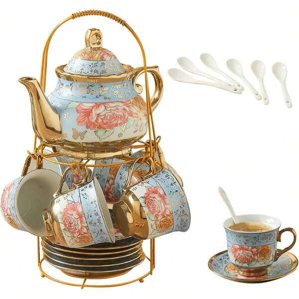 Vintage Porzellan‑Teeservice für 6 Personen – 700 ml Teekanne & 6*160 ml Tassen mit Metallständer, Handbemalte Blumen – Teegeschirr-Set Afternoon Tea