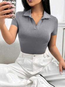 Women's Polo Collar Shirt Short Sleeve Cotton Cropped Fashion Gringa Elegant - Xám - Xem 2