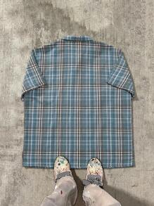 Camisa de manga corta de cuadros azules informal, suave y cómoda de moda para primavera