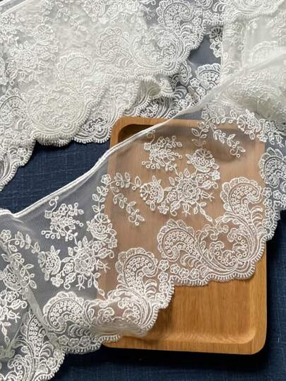 1 Yard Embroidered Mesh Fabric With 14.5cm Lace Trim, Suitable For Bridal Veil, Blouse Lining, DIY Sewing Supplies