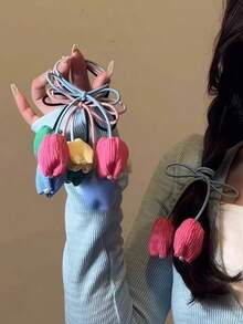 2 件套郁金香花朵发圈，可爱甜美女孩发饰马尾辫发夹，发球 - 彩色 - 查看 2