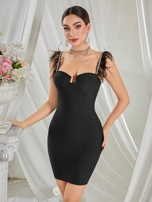 羽毛吊带水钻紧身裹臀连衣裙晚会礼服，婚礼宾客礼服