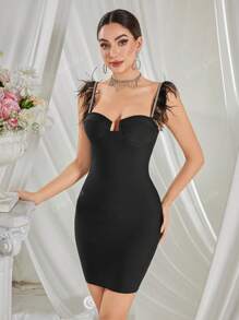 Feather Halter Rhinestone Skinny Wrap Hip Dresses Evening Party Gown, Wedding Guest Dress