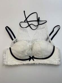 Plus-Size Women White Front-Closure Halter Lace Lingerie Bras With Gather Breast Function, Anti-Sag, Suitable For Small Bust