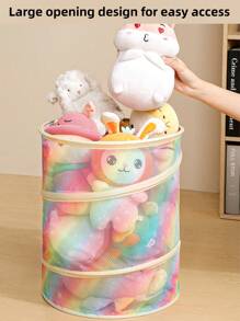 1pc Plush Toy Doll Storage Bucket Rainbow Mesh Toy Storage Box Home Folding Storage Basket Storage Box