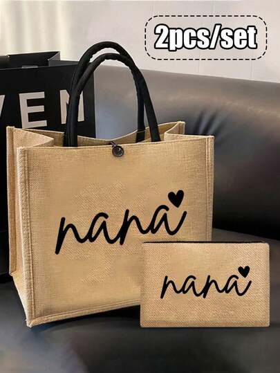 2pcs "Nana" Pattern Tote Bag Set: Beach Bag, Lightweight Shopping Bag With Mini Coin Purse. Mother's Day Gift, Travel Cosmetic Bag: Perfect For Outdoor Makeup! An Excellent Gift For Mother, Teacher.