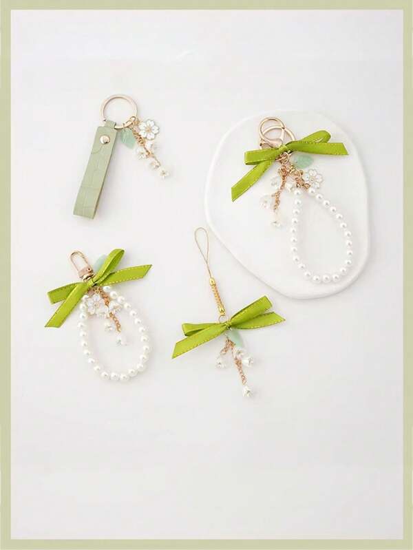 Elegant Versatile Green Ribbon Car Key Chain Decor, Creative Lily Flower Pearl Chain Pendant For Bag Decoration Backpack For School