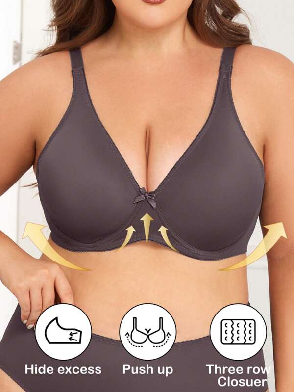 1 Pc Plain Color Romantic Smooth Full Coverage Bra With Adjustable Straps And Underwire Support, Comfortable Wear, Plus Size