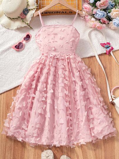 1 件女童蝴蝶雪纺公主裙，甜美细肩带夏季连衣裙