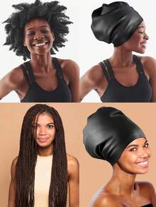 Mũ bơi cỡ lớn cho tóc tết và tóc tết dài, mũ bơi silicon chống thấm nước dùng khi tắm hồ bơi cho người lớn và trẻ em, giữ tóc khô ráo, dễ đội và tháo, đồ dùng cần thiết cho bãi biển, phụ kiện bãi biển, phao bơi - màu đen - Xem 2