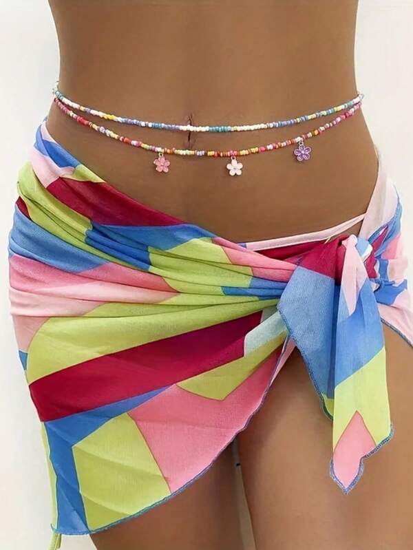 قطعة واحدة سلسلة خصر كولوربان مزدوجة الطبقة من الخرز اليدوية المزخرفة بنمط الزهور الملونة، إكسسوارات سلسلة جسم أنيقة للنساء بإطلالة صيفية بوهيمي