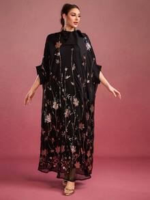 女士系领长袍，奢华串珠刺绣，随机刺绣图案，优雅阿拉伯长袍 - 黑色 - 查看 3