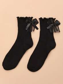 1 par de meias pretas com laço, elegantes, estilo universitário, versáteis e confortáveis, até a metade da panturrilha, para uso diário, ideal para presente de Natal.