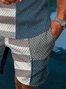 1 Set Men's Sports Casual Suit, Jacquard Splice Print Polo Shirt And Knee Length Shorts Outfit, Summer