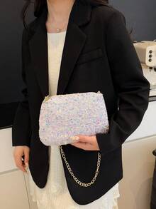 1pc Shiny PVC Zippered Clutch Crossbody Bag, Fashionable & Stylish Wallet Pouch Suitable For Women Party Outfit - White - View 4