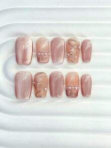 10 件中号方形 100% 手工亚克力按压指甲，粉色指甲玻璃珠猫眼配手绘丝带图案，优雅高贵的精美指甲用品，适合不同风格的女性日常使用，可重复使用，也可作为送给女性朋友的礼物，贴片指甲。 - 粉色 - 查看 12