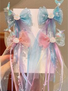 2 Piezas Accesorios para el cabello de niñas con diseño de cola de pez con destellos y perlas en tono azul océano, estilo vacacional