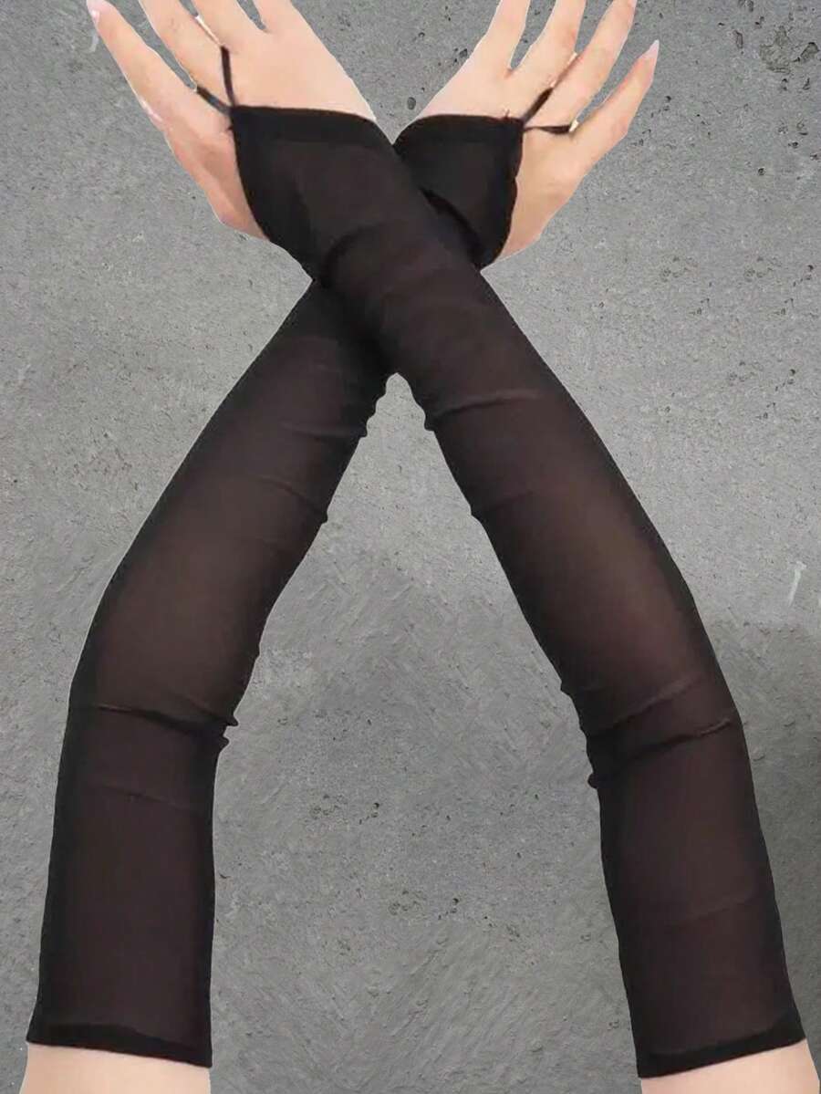 1 双歌剧手套，长款无指缎面晚礼服手套，适合派对，优雅半透明前臂袖套 - 黑色 - 查看 1