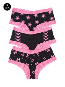 3pcs Bow & Star Cute-Sweet Lace Patchwork Women Panties Set - Pink - View 1