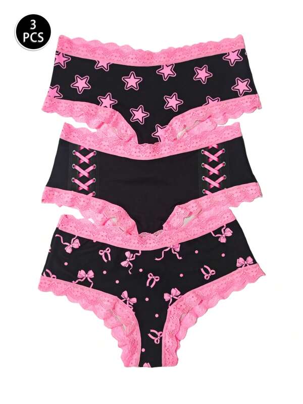 3-delige set damesslipjes met strik en ster, schattig en lieflijk, met kantpatchwork