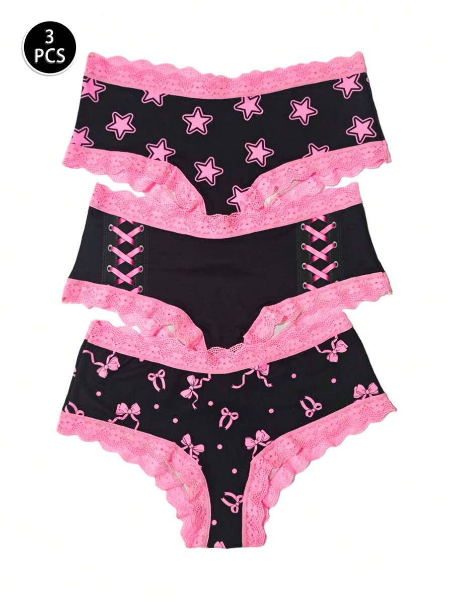 3pcs Bow & Star Cute-Sweet Lace Patchwork Women Panties Set - Pink - View 1