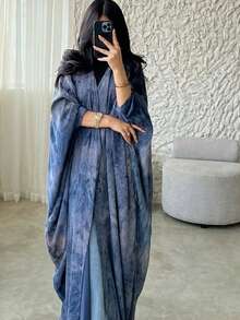 1 件优雅休闲扎染印花 Abaya 轻质前开襟长袍开衫，适合日常穿着和聚会，朴素的长袍 - 彩色 - 查看 1
