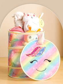 1pc Plush Toy Doll Storage Bucket Rainbow Mesh Toy Storage Box Home Folding Storage Basket Storage Box