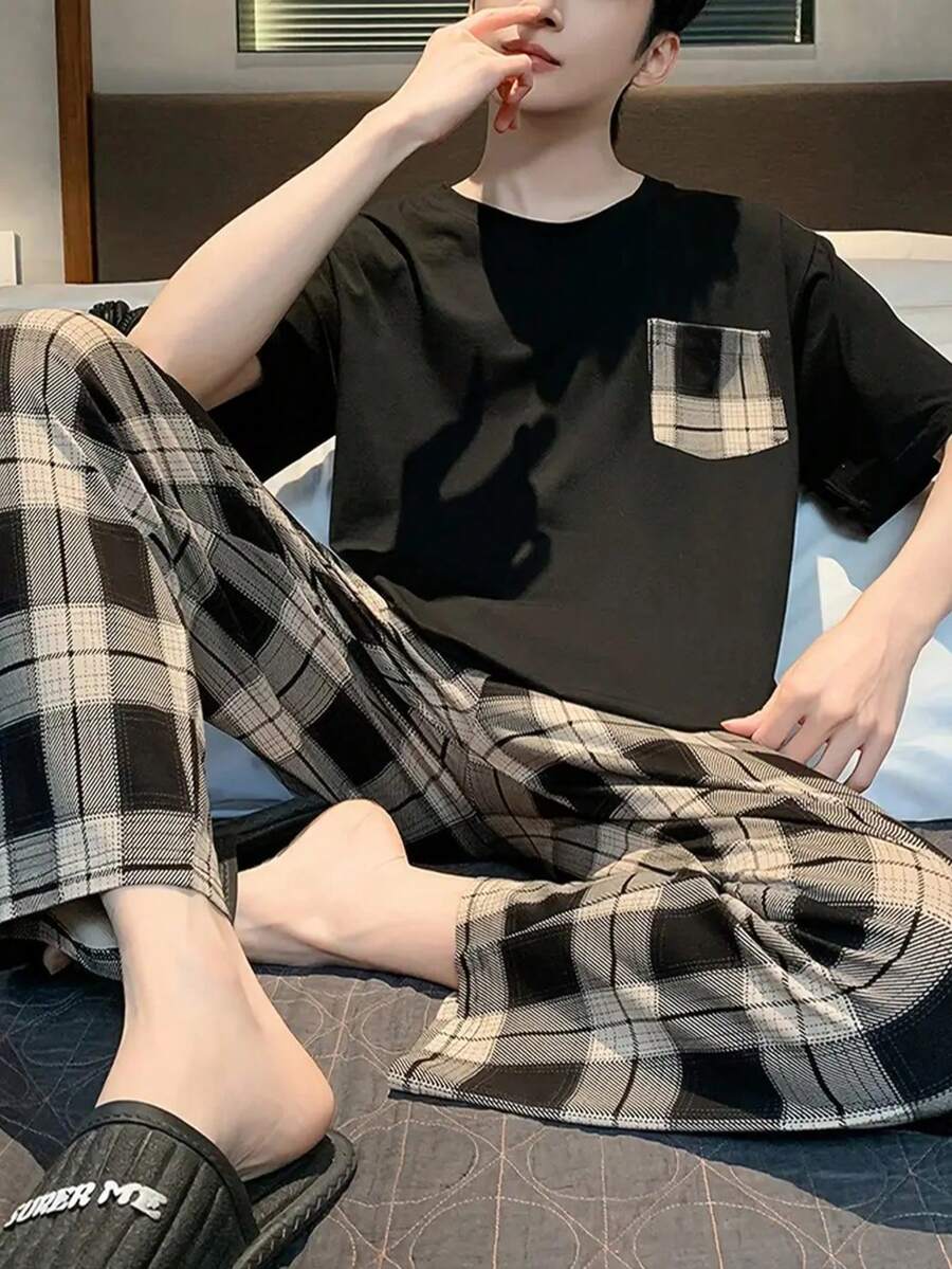 AICJ Men's Fashion Black & White Plaid Pajama Set - Spring/Summer Casual Short Sleeve T-Shirt With Pockets And Matching Plaid Lounge Pants - Suitable For Comfortable Daily Wear | Casual Style | 2PC Polyester Blend Loungewear Set