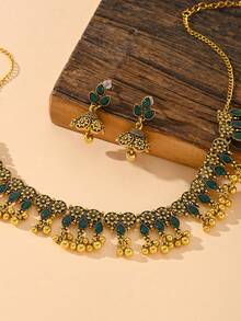 3pcs/Set Vintage Style Rhinestone Teardrop Design Jewelry Set, Antique Gold Flower Decor Earrings, Bell Pendant Necklace Suitable For Women's Holiday Gifts,Daily,Party Wear - Jewelry Sets - View 4