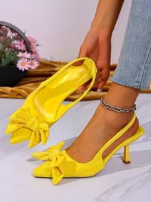 High Heels Yellow Pointed Toe Bowknot Plain Color Ankle Strap Thin Heel Pumps For Outdoor Party