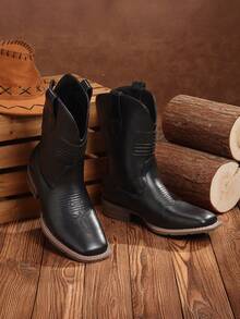 Pasuot Cowboy Boots For Men - Mens Square Toe Western Boot With Flag, Faux Leather Booties, Botas Para Hombre Vaqueras Suitable For Concert, Daily, Wedding - 黑色 - 查看 1