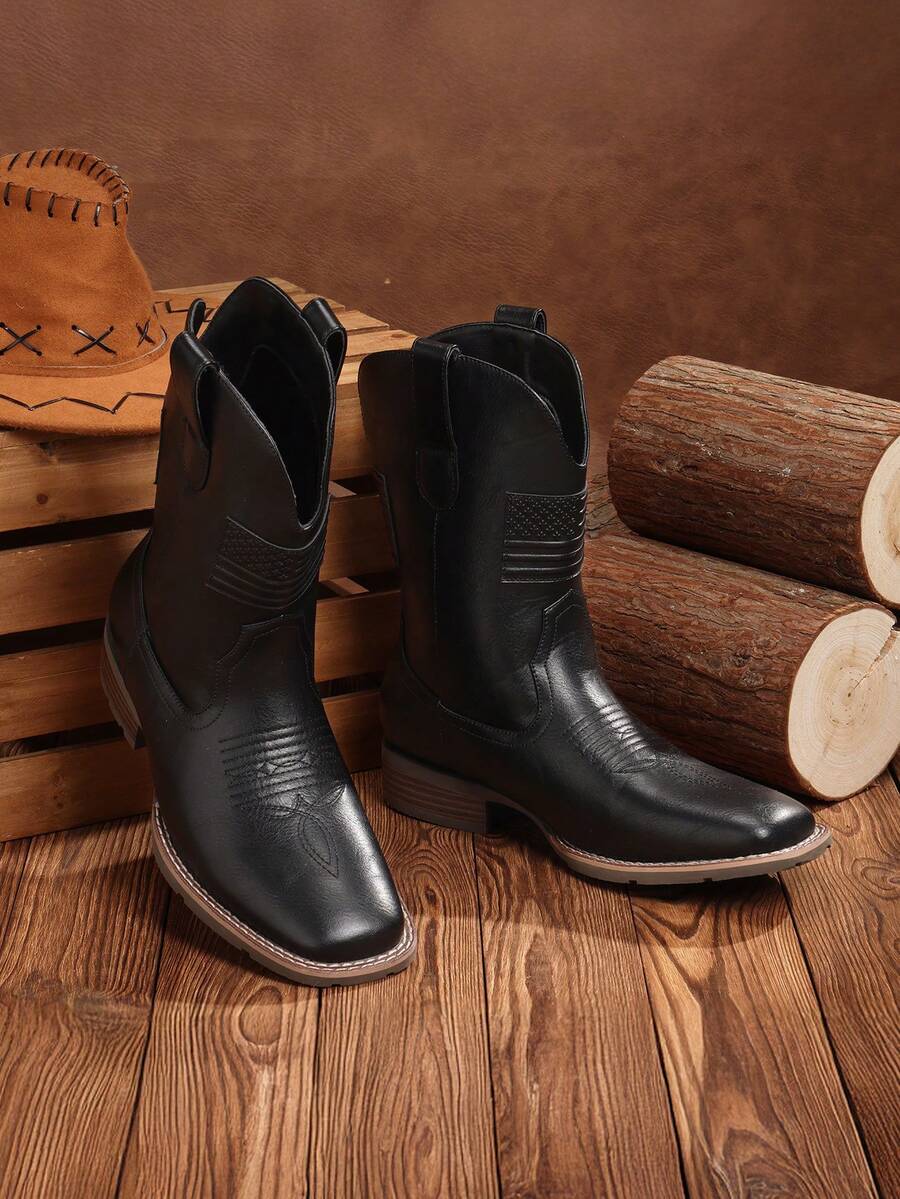 Pasuot Cowboy Boots For Men - Mens Square Toe Western Boot With Flag, Faux Leather Booties, Botas Para Hombre Vaqueras Suitable For Concert, Daily, Wedding - 黑色 - 查看 1