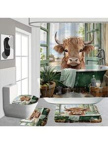 1/4 Pcs Cute Highland Cow Bathroom Set - Christmas Red Hat Shower Curtain, Bath Mat And Toilet Seat Cover - Adorable Farm Animal Design Bathroom Decor - Multicolor - View 18