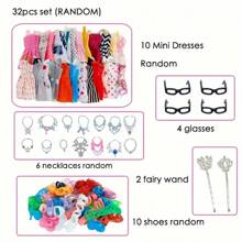 32pcs/Set Fashion Style Outfit & Accessories For 11.5in/30cm Doll, Including Mini Dress, Shoes, Bags, Hangers, Necklace, Glasses, Handmade Toys, Christmas Gift
