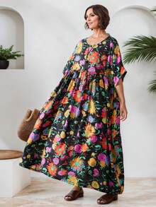 Tops Chinese Spring Festival, 2026 Boho Style Plus Size Casual Holiday Beach Dress, Summer Fake Japanese Yen Collar Shoulder Sleeved Loose Skirt Short Sleeved Dress, - Black - View 5