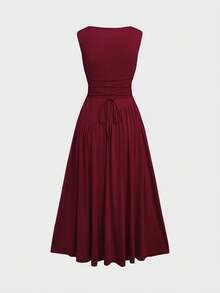 Floreya 夏季休闲优雅别致奢华高端修身连衣裙，红色无袖立领拼接中长连衣裙，腰带针织背心裙 - 酒紅色 - 查看 5