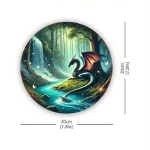 1 pieza Arte de pared circular Dragón del bosque mágico, 20x20cm, estilo vintage europeo, decoración de habitación temática de fantasía, restaurante, bar, cafetería, garaje, casa de campo, con ubicaciones aleatorias de los orificios de montaje